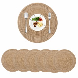 FUNTOCA Set de 6 Manteles Individuales Redondos Trenzados, Tapetes Redondos de 36cm, Mesa de Comedor Alfombrillas Lavables Antideslizantes Resistentes al Calor para Hogar Restaurante Cocina (Caqui)