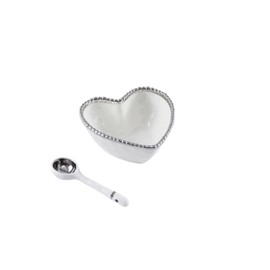 Pampa Bay Get Gifty Porcelain Heart Shaped Serving Bowl with Serving Spoon, White with Silver Beads