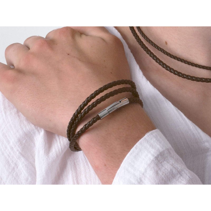 Fly Style Brown Braided Faux Leather Necklace with Stainless Steel