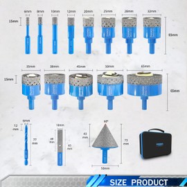 Diamond Tile Hole Saw Kit - ZNXIMER Porcelain Tile Drill Bits Set for Ceramic, Granite, Marble and More Drilling - 16pcs Diamond Core Drill Bits Set(6/8/10/12/20/25/28/32/35/38/45/50/65MM/2/6/10MM)