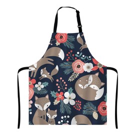 Wasach Cute Fox Family and Flowers Bib Apron with Adjustable Neck for Men Women,Suitable for Home Kitchen Cooking Waitress Chef Grill Bistro Baking BBQ Apron