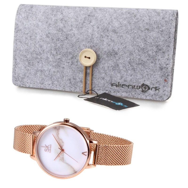 Alienwork SK Minimalist Women's Ultra Flat Elegant Watch, Rose Gold/White/Mesh