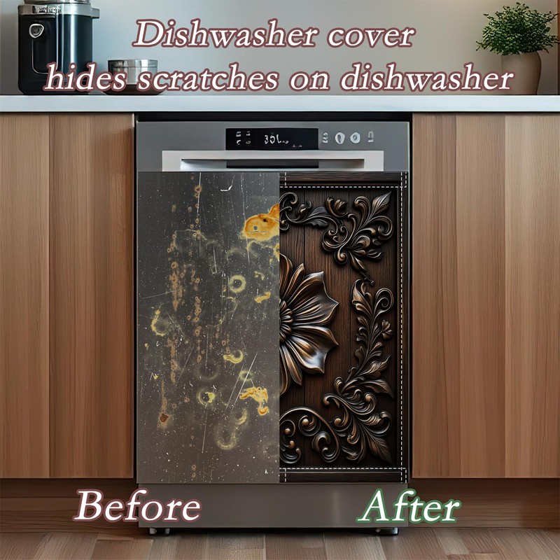 Dark Black Wooden Flowers Dishwasher Magnet Cover for Kitchen Décor