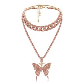 AILUOR Butterfly Cuban Linking Necklace Set, Women Hip Hop Choker Pendant Necklace Chain with Bling Rhinestones, Iced Fashion Accessory for Hip Hop Lovers, Women, Girls (Pink)