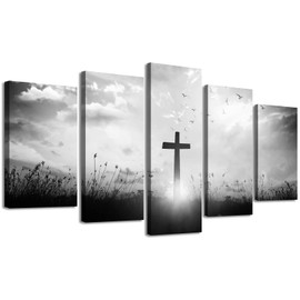 DJSYLIFE Christian Wall Art for Living Room Black and White Church Wall Decor Religious Jesus Crosses Spiritual Canvas Prints Modern Home Dining Room Decorations 40" W x 22" H 5 Pieces