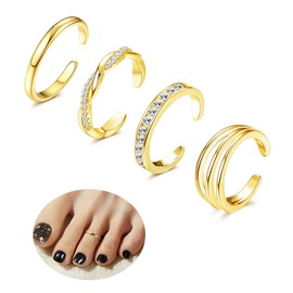 Xozeu 4PCS 14K Gold Filled Toe Rings, White Gold Plated Toe Rings for Women Hug CZ Triple Twist Simple Band Open Toe Rings Beach Foot Jewelry Adjustable 4G