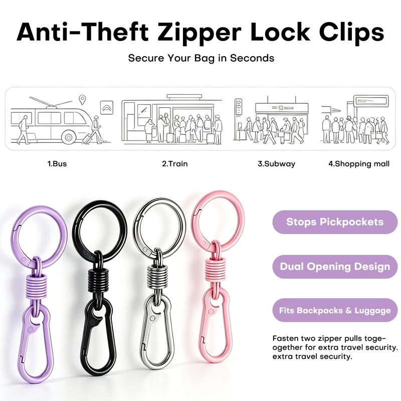 10-Pack Zipper Clips Anti Theft, Double Opening Spring Carabiner Locks