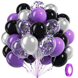 60pcs Purple and Black Balloons 12inch, Purple and Silver Balloons with Metallic Silver Purple Confetti Balloons for Bridal Shower Graduation Birthday Party decorations