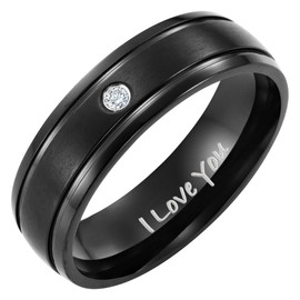 Willis Judd Mens Black Titanium Ring Engraved I Love You CZ Stone In Gift Box 7mm Wedding Band Ring for Men Engagement Ring Comfort Fit Size S
