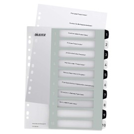 Leitz Index for A4, PC-writable cover sheet and 10 dividers, tabs with number print 1-10, extra width, white/black, polypropylene, WOW, 12150000