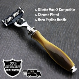 Haryali London 3 edge razor with replica horn handle and razor stand