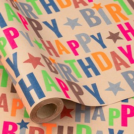 RUSPEPA Birthday Wrapping Paper Roll for Boys Girls, Mini Roll, Colorful Text Happy Birthday and Stars Design Kraft Gift Wrap Great for Party, Holiday, 17 Inches X 16.4 Feet