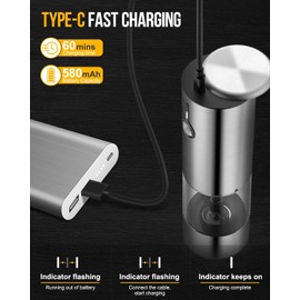 [Upgraded 66g Large Capacity] Electric Salt and Pepper Grinder Set of 2, Rechargeable with 6 Level Adjustable Coarseness, Stainless Steel Automatic Salt and Pepper Shakers Refillable with LED light