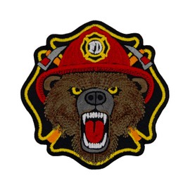 Firefighter Bear Embroidered Patch Iron On – Fierce Bear with Fire Helmet Design, 3.5 x 3.5 Inches, Iron on.