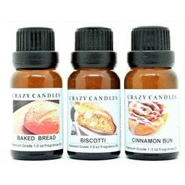 Crazy Candles 3 Bottles Set, 1 Baked Bread, 1 Biscotti, 1 Cinnamon Bun 1/2 Fl Oz Each (15ml) Premium Grade Scented Fragrance Oils