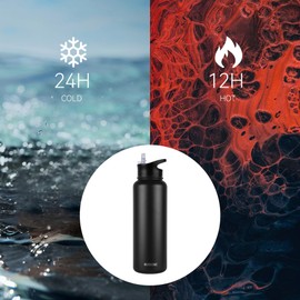 MURBONE Insulated Water Bottle, 1.2L Stainless Steel Drink Flask with Straw, BPA Free, 2 Lids (Straw Lid and Spout Lid), Leakproof Double Walled Vacuum Water Bottle, Black