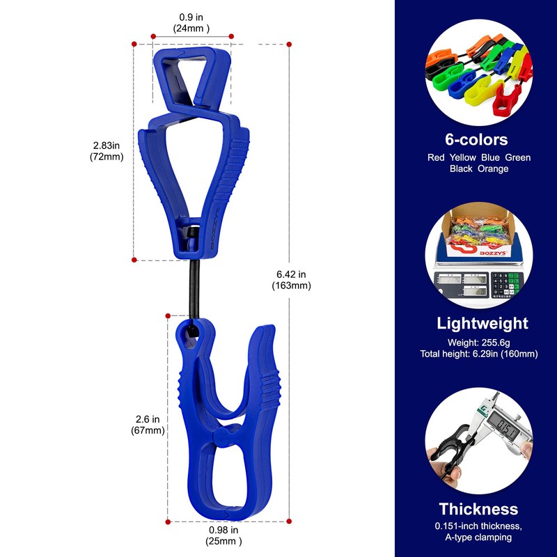 BOZZYS Glove Clips for Work 6-Pack | Blue A+Z Combo