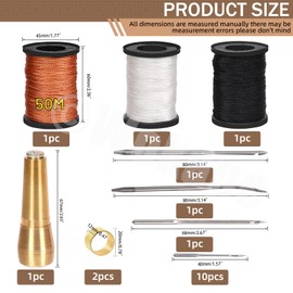 Wokape 19Pcs Canvas Leather Sewing Awl Needles Assortment Kit Contains Straight and Curved Needles, 3 Colors 50m Waxed Nylon Cord Threads with Coils, Copper Handle, Thimbles for DIY, Leather Repair