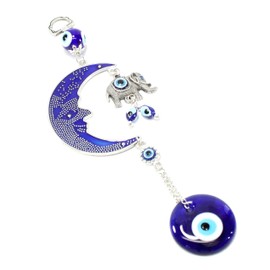 Turkish Blue Evil Eye (Nazar) Moon & Elephant Amulet Wall Hanging Home Decor Protection Blessing Housewarming Birthday Gift