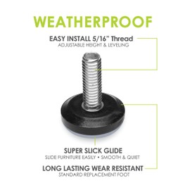 Slipstick Gorilla Outdoor Adjustable Furniture Levelers (8 Pack) Weatherproof Screw in Leg Glides for Chairs, Tables, and Outdoor Furniture Feet, 1-1/8 Inch Slider Glide, 5/16"-18 BSW Thread