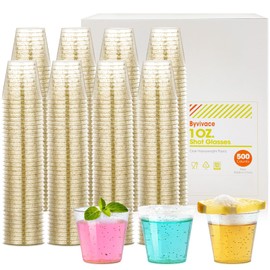 Byvivace 500Counts 1OZ. Disposable Shot Glasses Hard Plastic Shot Cups Gold Glitter Mini Shot Glasses for Tequila, Jello Shots, Liquor, 1Ounce Small Cup for Sauce, Dips, Shot Cups for Party