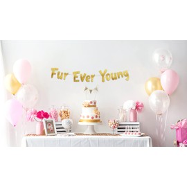 Furever Young Gold Glitter Banner – Dog Birthday Banner – Cat Birthday Decorations – Funny Puppy and Kitten Birthday Party Supplies and Gifts