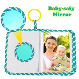Baby Photo Album – My First Soft Cloth Family Photo Book with Baby-Safe Mirror & Name Tag Stickers, Holds 17 4x6 Photos (Green Dino)