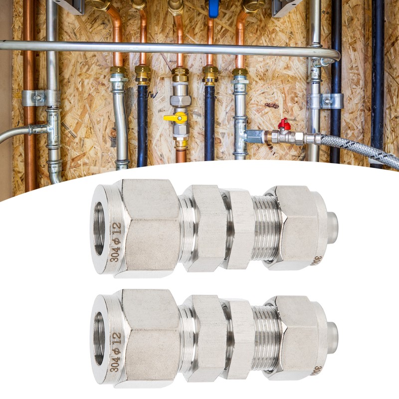 2Pcs Ferrule Compression Fitting Bulkhead Connector 2‑Touch Straight 304 Stainless