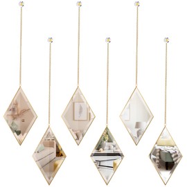 PHOSPHOR Diamond Wall Mirror 6 PCS, Small Gold Decorative Wall Mirror with Hanging Chain, Wall Mirrors for Living Room