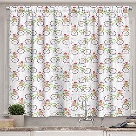 Ambesonne Geraniums - Cortinas de cocina, imagen de flores en cesta transportada con bicicleta en patrón repetitivo, juego de 2 paneles para decoración de cocina, café, 55 x 39 pulgadas, color blanco y beige