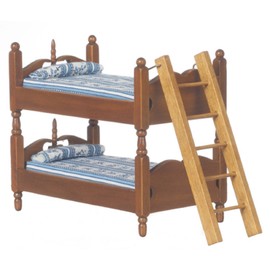 Dollhouse Miniature Bunkbeds with Ladder, Walnut Finish