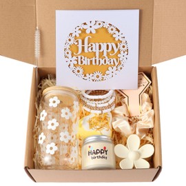 Birthday Gift for Teen Girls, 7 Cute Gifts with Tasks, Happy Birthday Gift Ideas,Trendy Preppy Stuff for Teen Girls, Christmas, Cute Daisy Aesthetic Glass Cups Tumbler Gifts Set 7pcs (Beige)