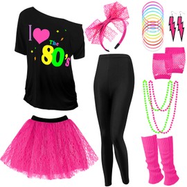 Vabean 19 Pcs 80s Costume Set T Shirt Leggings Tutu Skirt Headband Necklace Bracelets Earrings Gloves Leg Warmers for Women (Black Leggings,XX-Large)