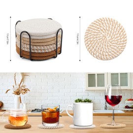 La Desire Drink Coasters with Holder, Cotton Woven Coasters Set of 8, 4 Colors Absorbent Coasters for Table Protection, Home Decor, Decoration for Coffee Table, Cups, Bar (Apricot Striped)