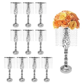 HAPPCUCOE 10 Pcs Crystal Flower Stands,Wedding Centerpieces for Tables,Tabletop Metal Flower Vase for Wedding,Event, Reception, Birthday,Home Decor (Silver, 19.3 Inch)