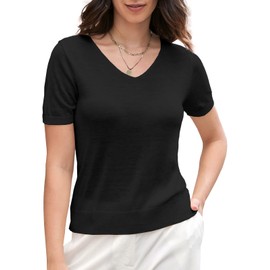 DAIMIDY Women's V Neck Sweaters Short Sleeve Summer Sweaters for Women Lightweight Knit Pullover Tops Black, US XL