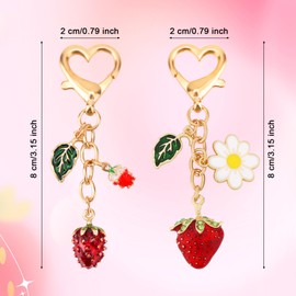 2pcs Cute Strawberry Keychain Set, Heart Clasp Bag Key Chain Charms with Daisy Flower and Green Leaf Car Keyrings Kawaii Purse Accessories for Women Friends Couples Gifts