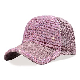Women Men Studded Rhinestone Crystals Adjustable Ponytail Mesh Baseball Cap Shiny Bling Casual Sports Cap Breathable Sun Hat (B-Pink)