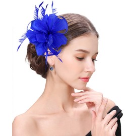 ELLYDOOR Fascinator Hats for Women Feather Flower Hair Clip Brooch Wedding Tea Party Hat Derby Race Headwear (08 Royal Blue Flower)