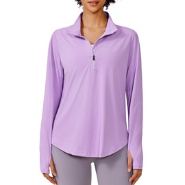 PINSPARK Women Long Sleeve Shirts Sun Protection Half Zip Hiking Clothes Lightweight Athletic Tops Moisture Wicking Running Shirts with Thumb Hole,Purple XXL