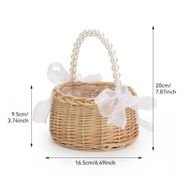 Elegant Wedding Flower Girl Basket with Pearl Handle and Ribbon Bow, Bowknot Satin Flower Basket for wedding, Rustic Handwoven Wicker Flower Basket, Versatile Picnic Baske t for Outdoor (2PCS)
