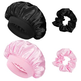 Flintronic Satin Hair Cap, Satin Silk Sleep Cap, Night Sleep Cap, Sleep Cap, Hair Protect, Satin Hood for Sleeping, for Women and Girls (Black/Pink)
