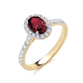 Old English Jewellers 9ct Yellow Gold on Silver Ruby CZ Oval Cluster Ring size K L M N O P Q R S - JULY BIRTHSTONE (K)