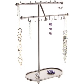Angelynn's Sturdy Extra Long Necklace Holder Organizer Tall Tabletop Pendant Display Stand, Freestanding Large Capacity Jewelry Tree, Sharisa Satin Nickel Silver 11 3/4" Wide x 16 1/2" Tall