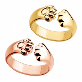 2-Pack Adjustable Paw Print Rings – Gold & Rose Gold Dog Cat Memorial Jewelry for Women, Cute Pet Lover Keepsake Hug Rings for Furry Friends