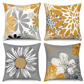 Leowefowa Summer Throw Pillow Covers Set of 4 Gray Floral 18x18 inch Daisy Pillow Cover Grey Decorative Floral Sofa Couch Covers for Outdoor Home Bedroom Car Cushion Case for Home Indoor Decor