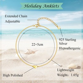 Deyanse Anklets for Women, 925 Sterling Silver Ankle Bracelet, Women's Heart Anklet, Adjustable 22+5cm Silver Ankle Chain, Summer Beach Barefoot Foot Chain, Foot Jewellery Gift for Girls Ladies Gold