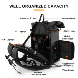 Cwatcun Waterproof Camera Backpack, Black Leather-coated Photography Travel Camera Bag Case with 4L Expansion Warehouse, Tripod and Drone Strap, 15.6" Laptop Compartment for Canon Nikon Sony SLR DSLR