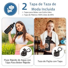 Volhoply Termo de Acero Inoxidable Doble Pared 1000 ml, Tapa hermética antigoteo con popote y asa, Termos para Agua con 2 Tapas, Mantiene frío hasta  