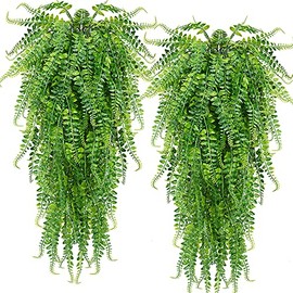 2 pcs Artificial Hanging Ferns Plants Vine Fake Ivy Boston Fern Hanging Plant Outdoor UV Resistant Plastic Plants (Green)